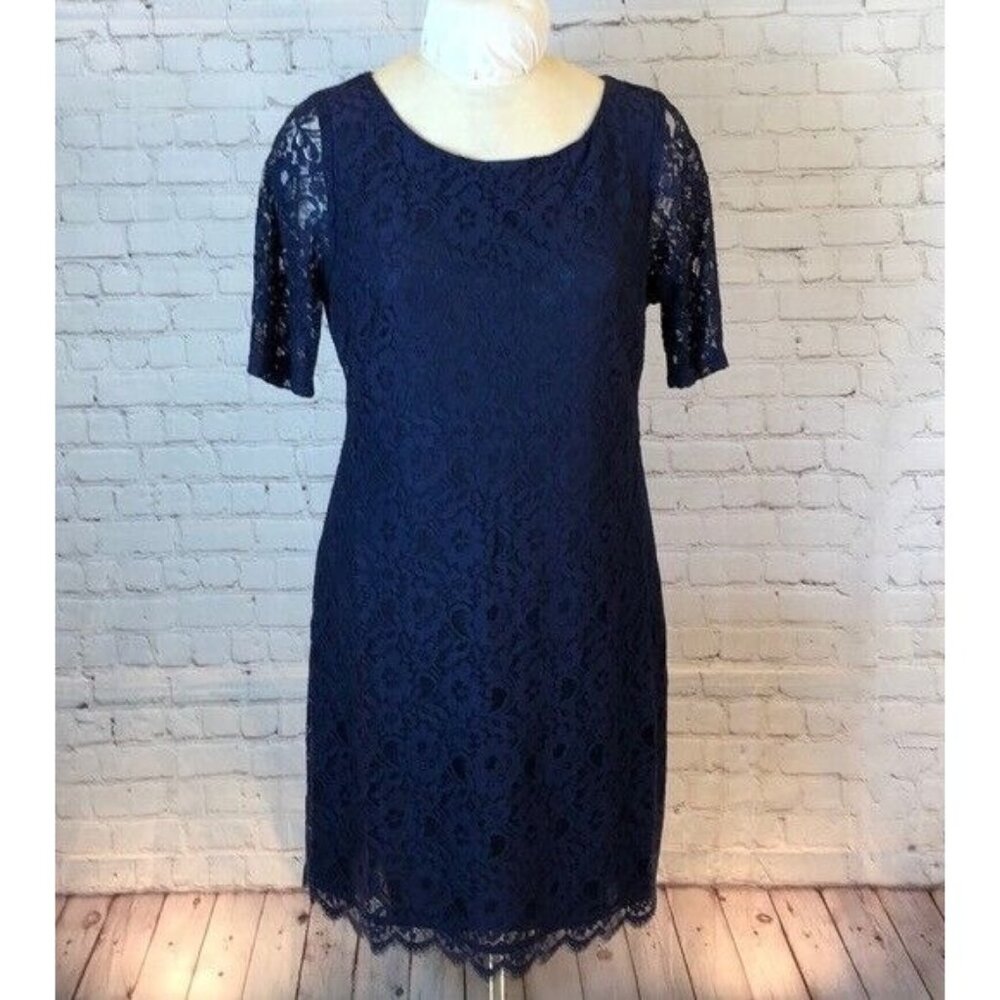 Dana Buchman Lace Dress Navy Blue Fully Lined Short Sleeve Large